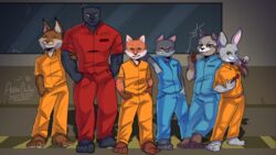  16:9 anpoccarter anthro back_to_the_dawn bam_(bttd) barefoot bob_(bttd) broken_window canid canine card chris_(bttd) clothing domestic_cat feet felid feline felis fox glass group hi_res holding_arm inmates_clothing lagomorph leporid lynx male male/male mammal metal_head_games noodle_(bttd) orange_jumpsuit pantherine prison procyonid rabbit raccoon thomas_(bttd) uniform whitey_(bttd) widescreen 