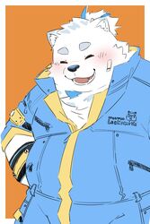  2023 absurd_res anthro belly black_nose canid canine canis closed_eyes clothed clothing domestic_dog fur hi_res kemono lifewonders live_a_hero male mammal nordic_sled_dog overweight overweight_male penguin0700 samoyed simple_background solo spitz white_body white_fur yohack 