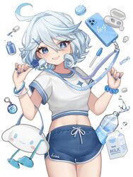  ahoge alternate_costume bangle blue_eyes blue_nails blue_shorts blue_theme bottle bracelet cellphone cinnamoroll cowboy_shot crop_top dolphin_shorts drawstring earpiece female food furina_(genshin_impact) genshin_impact grin hair_between_eyes hair_ornament hands_up highres jewelry lanyard lipstick long_hair looking_at_viewer macaron makeup midriff milk_carton mismatched_pupils multicolored_hair nail_polish navel nightbawnana phone sanrio shirt short_shorts short_sleeves shorts simple_background smartphone smile solo streaked_hair sunglasses thighs water_bottle white_background white_hair white_shirt x_hair_ornament 