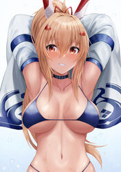  absurdres armpits arms_behind_head arms_up ayanami_(azur_lane) azur_lane bikini blue_choker blush breasts choker collarbone detached_sleeves female hair_between_eyes headgear high_ponytail highres large_breasts light_brown_hair long_hair looking_at_viewer navel orange_eyes ponytail purple_bikini ryara simple_background smile solo sweat swimsuit teeth upper_body white_background 