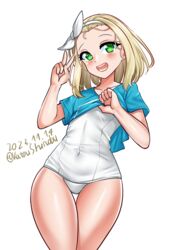  absurdres blonde_hair blue_shirt clothes_lift commentary_request covered_navel cowboy_shot dated female green_eyes hairband highres i-504_(kancolle) kantai_collection katou_shinobu lifting_own_clothes luigi_torelli_(kancolle) one-hour_drawing_challenge one-piece_swimsuit school_swimsuit shirt shirt_lift short_hair solo swimsuit t-shirt teeth thigh_gap twitter_username white_background white_hairband white_one-piece_swimsuit 