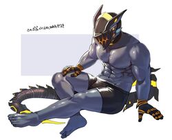  1boy abs bara barefoot black_male_underwear colored_skin cyborg full_body glowing hakidashi_11 hand_on_lap male_focus male_underwear masked mechanical_hands mechanical_tail muscular muscular_male navel phantasy_star phantasy_star_online_2 protagonist_(pso2) purple_skin robot_ears sitting solo tail topless_male translated underwear underwear_only white_background 