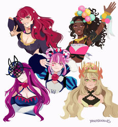  5girls absurdres beads blonde_hair bodysuit bow breasts butterfly_hair_ornament celine_(fire_emblem) choker clothing_cutout crop_top cross-laced_clothes cross-laced_dress dark-skinned_female dark_skin dress dress_bow english_commentary eyeliner eyeshadow facial_mark fire_emblem fire_emblem_engage flower flower_brooch green_eyes hair_beads hair_ornament hair_rings heart heart_facial_mark highres hortensia_(fire_emblem) ivy_(fire_emblem) makeup mole mole_under_mouth multiple_girls orange_bow orange_gemstone pink_choker pink_eyeliner pink_eyeshadow pink_hair purple_bodysuit purple_hair red_hair rose see-through see-through_headwear side_cutout star_(symbol) star_facial_mark star_hair_ornament striped_clothes striped_dress symbol-shaped_pupils thorn_print timerra_(fire_emblem) vertical-striped_clothes vertical-striped_dress very_dark_skin yancadoodles yunaka_(fire_emblem) 