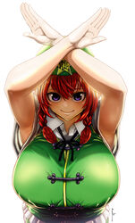  armpit_peek arms_up backlighting bare_arms bloom blue_eyes braid breasts closed_mouth commentary_request crossed_wrists dress female gold_trim green_dress green_headwear hair_between_eyes hat_ornament highres hong_meiling huge_breasts koyubi_(littlefinger1988) long_hair looking_at_viewer red_hair short_sleeves simple_background smile solo star_(symbol) star_hat_ornament touhou twin_braids upper_body white_background wing_collar 