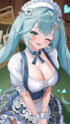  alternate_breast_size apron aqua_hair aqua_pupils blue_dress blue_ribbon blush breasts circle_skirt cleavage collar collarbone commentary_request detached_collar dress faruzan_(cafe)_(genshin_impact) faruzan_(genshin_impact) female frilled_apron frilled_collar frills genshin_impact green_eyes hair_ornament hand_up highres long_hair looking_at_viewer lunacle maid maid_apron maid_headdress medium_breasts neck_ribbon official_alternate_costume one_eye_closed open_mouth ribbon short_sleeves sidelocks smile solo symbol-shaped_pupils triangle-shaped_pupils twintails white_apron white_collar x_hair_ornament 