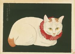  1924 20th_century absurd_res ambiguous_gender ancient_art brown_body brown_fur brown_markings domestic_cat felid feline felis feral fur green_background hi_res japanese_text looking_at_viewer mammal markings multicolored_body multicolored_fur quadruped red_scarf scarf shotei_takahashi simple_background solo tail text traditional_media_(artwork) two_tone_body two_tone_fur whiskers white_body white_fur woodblock_print yellow_sclera 