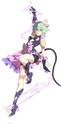  arm_up boots bra breasts cleavage electricity female full_body glasses green_eyes green_hair highres jacket looking_at_viewer medium_breasts open_clothes open_mouth pandoria_(xenoblade) pointy_ears purple_bra purple_footwear purple_jacket purple_shorts short_hair shorts simple_background solo stephanieh81080 tail underwear white_background xenoblade_chronicles_(series) xenoblade_chronicles_2 