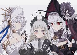  3girls :&lt; ? ?? arknights black_dress black_headwear black_nails blush breasts bridal_gauntlets cleavage commentary_request dress dual_persona grey_background grey_eyes grey_hair hand_up hat head_wings holding_hands irene_(arknights) long_sleeves multiple_girls official_alternate_costume simple_background specter_(arknights) specter_the_unchained_(arknights) specter_the_unchained_(born_as_one)_(arknights) sweatdrop tsuyuki_yuki upper_body white_dress white_headwear wings yuri 