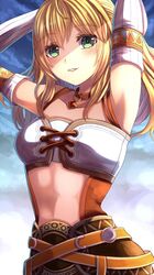  blonde_hair breasts cloud commentary_request detached_sleeves female fiora_(xenoblade) green_eyes highres long_hair looking_at_viewer midriff smile solo xenoblade_chronicles_(series) xenoblade_chronicles_1 yozu_(yozu0420) 