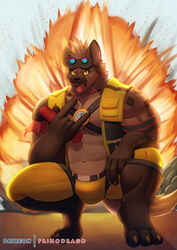  abs anothereidos_of_dragon_vein_r anthro biceps bulge detailed_bulge explosion hi_res hyena male mammal muscular muscular_anthro muscular_male nitro_(anothereidos_r) pecs primodrago solo tongue tongue_out 