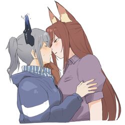  2girls animal_ear_fluff animal_ears arknights blush brown_gloves brown_hair closed_eyes dragon_girl dragon_horns face-to-face fox_ears fox_girl franka_(arknights) gloves grey_hair half-closed_eyes hand_on_another&#039;s_arm hand_on_another&#039;s_chin highres horns hug imminent_kiss liskarm_(arknights) long_hair looking_at_another multiple_girls open_mouth pom_dovu ponytail spanish_commentary sweat white_background yuri 