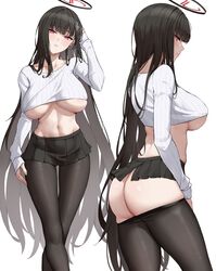  absurdres ass ass_focus black_hair black_pantyhose black_skirt blue_archive blunt_bangs blush breasts bright_pupils female hair_ornament hairclip halo highres large_breasts long_hair long_sleeves looking_at_viewer looking_back multiple_views navel no_bra pantyhose partially_undressed red_eyes rio_(blue_archive) skirt sweater turtleneck turtleneck_sweater underboob undressing very_long_hair white_pupils white_sweater yukiaka 