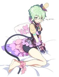  barefoot bed bound bound_legs bound_wrists bra breasts cleavage core_crystal_(xenoblade) english_commentary english_text female full_body gloves green_eyes green_hair jacket looking_at_viewer medium_breasts open_mouth pandoria_(xenoblade) pillow pink_ribbon pointy_ears purple_bra purple_gloves purple_jacket purple_shorts ribbon short_hair shorts simple_background solo stephanieh81080 tail toes underwear white_background xenoblade_chronicles_(series) xenoblade_chronicles_2 