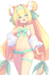  :d absurdres bell bikini blazblue blazblue_alternative:_dark_war blonde_hair bow bow_bikini choker clothes_down collarbone commentary_request cowboy_shot double_bun female frilled_bikini frills green_bikini green_bow green_choker green_eyes green_hairband groin hair_between_eyes hair_bun hair_intakes hairband hairbow hand_on_own_hip heart heart-shaped_pupils highres jacket long_hair low-tied_long_hair multicolored_bikini multicolored_clothes nasunegiuni navel neck_bell official_alternate_costume open_clothes open_jacket open_mouth platinum_the_trinity simple_background smile solo swimsuit symbol-shaped_pupils thigh_strap thighs twintails white_background white_bikini white_jacket wing_hair_ornament 