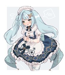  apron aqua_hair blue_dress blush commentary_request cropped_legs dress embarrassed faruzan_(cafe)_(genshin_impact) faruzan_(genshin_impact) female frilled_apron frills genshin_impact hair_ornament highres long_hair looking_at_viewer maid maid_apron maid_headdress nanakusa_yomogi official_alternate_costume open_mouth puffy_sleeves short_sleeves solo symbol-shaped_pupils thighhighs triangle-shaped_pupils twintails waist_apron white_apron white_thighhighs white_wrist_cuffs wrist_cuffs x_hair_ornament zettai_ryouiki 