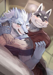  anthro bedroom blue_eyes blush canid canine canis clothed clothing domestic_dog duo embarrassed eye_contact hair hi_res hug husky kuugo_(lagoon_lounge) lagoon_lounge light looking_at_another male male/male mammal melon_airaiku nordic_sled_dog smile sousuke_inami spitz white_hair wolf 