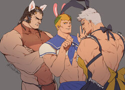  &gt;:( 3boys abs absurdres alternate_costume angry animal_ears apron aquiline_nose artist_name backless_dress backless_outfit bara black_bow blonde_hair blue_bow blue_eyes blue_sailor_collar bow boy_sandwich bulge cable cat_ears cheekbones commentary cropped_shirt crossdressing crossed_arms dress english_commentary enmaided falloutbart frills from_behind from_side frown grey_background grey_eyes grey_hair highres imperial_fists iron_warriors large_pectorals laurel_crown looking_back maid maid_apron male_focus male_maid mechanical_parts multiple_boys muscular muscular_male nervous_smile pectorals perturabo primarch rabbit_ears roboute_guilliman rogal_dorn sailor_collar sandwiched school_uniform scowl see-through short_hair sideburns sideways_glance simple_background skull smile sweatdrop thick_eyebrows ultramarines underpec v-shaped_eyebrows warhammer_40k waving white_hair yellow_bow 