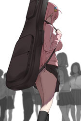  absurdres accidental_exposure ass bag black_skirt black_socks bocchi_the_rock! breasts clothes_lift commentary cube_hair_ornament faceless faceless_female female gigbag gotoh_hitori guitar_case hair_ornament highres holding holding_bag instrument_case jacket kneehighs kneepits large_breasts one_side_up panties pantyshot people pink_hair pink_jacket pleated_skirt ricochet-gou school_uniform simple_background skirt skirt_caught_on_object skirt_lift socks solo_focus underwear wardrobe_malfunction white_background white_panties 