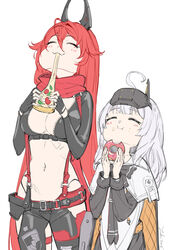  2girls :3 blush breasts cleavage closed_eyes closed_mouth doughnut eating food food_in_mouth food_on_face goddess_of_victory:_nikke goggles goggles_on_head highres holding holding_food holding_pizza horns jacket large_breasts long_hair long_sleeves mechanical_horns multiple_girls navel oerba_yun_fang pink_doughnut pizza pizza_slice red_hair red_hood_(nikke) red_scarf scarf simple_background skin_fang snow_white_(innocent_days)_(nikke) snow_white_(nikke) standing very_long_hair white_background white_hair yuki7128 