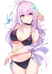  bikini black_bikini black_choker blush bracelet breasts choker cleavage commentary_request cu-no female flower hair_between_eyes hair_flower hair_ornament halterneck highres hisen_kaede jewelry large_breasts looking_at_viewer o-ring o-ring_bikini o-ring_bottom o-ring_top open_clothes pink_eyes pink_hair simple_background solo string_bikini swimsuit swimsuit_cover-up thigh_gap thighs white_background yayoi_sakura 