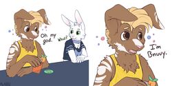  2022 2:1 anthro beverage bnuuy_(meme) brown_body brown_fur bubble carrot clothed clothing coaster container cup digital_media_(artwork) drunk drunk_bubble duo eira_(theonlyskywoof) english_text female fluffy food fur hi_res lagomorph leporid male mammal mello_bun miramore plant rabbit shirt signature substance_intoxication text topwear vegetable white_body 