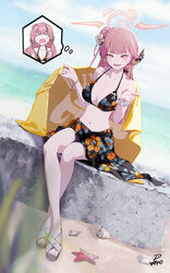  absurdres alternate_costume aru_(blue_archive) bad_anatomy bad_leg beach bikini black_bikini black_horns black_sarong blue_archive blush breasts collarbone day demon_horns female floral_print halo highres horns large_breasts legs long_hair looking_at_viewer multiple_views nail_polish navel open_mouth outdoors peropicnic pink_hair pink_halo print_bikini revision sandals sarong signature sitting starfish swimsuit thought_bubble toenail_polish toenails toes yellow_eyes 