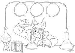 anthro black_and_white bunsen_burner canid canine chemistry erlenmeyer_flask eyewear florence_flask laboratory_equipment laboratory_glassware male mammal monochrome science scientific_instrument simple_background solo source_request test_tube white_background wolfblade