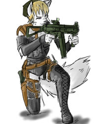 aiming anthro armor baltoperrolobo belt beret biped blonde_hair boots bracers canid canine canis clothing concentration ears_up female fluffy fluffy_tail footwear fur gun hair hat headgear headwear holding_gun holding_object holding_ranged_weapon holding_weapon holster humanoid_pointy_ears kneeling knife laced_boots lacing legwear mammal ranged_weapon simple_background solo sucker_punch tail thigh_boots thigh_highs weapon white_background white_body white_fur wolf yellow_eyes