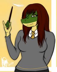 2011 anthro biped black_outline breasts clothed clothing colored_nails cosplay demure digital_media_(artwork) eyelashes female front_view fully_clothed hair half-length_portrait harry_potter_(series) hogwarts_uniform hufflepuff lizard loose_feather magic nails necktie non-mammal_breasts outline portrait red_hair reptile scalie school_uniform sh&#039;sthress simple_background smile solo sweater topwear uniform wand whisp3r yellow_background yellow_eyes