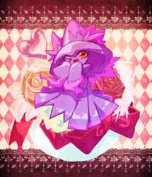 abstract_background ambiguous_gender ambiguous_humanoid blush blush_lines candy dessert digital_media_(artwork) digital_painting_(artwork) eyelashes flesh_fang flower food generation_4_pokemon heart_eyes heart_in_pupils heart_lollipop heart_symbol humanoid lace lollipop looking_at_viewer magical-429 mismagius nintendo not_furry one_eye_closed open_mouth open_smile plant pokemon pokemon_(species) pseudo_clothing pseudo_hat purple_body red_eyes ribbons shaded smile solo spirit wink