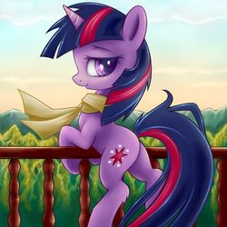 1:1 cloud cutie_mark equid equine female feral friendship_is_magic fur hair hasbro horn mammal mountain multicolored_hair my_little_pony mythological_creature mythological_equine mythology outside pink_hair plant purple_body purple_eyes purple_fur purple_hair quadruped railing rainbow_(artist) scarf sky smile solo tail tree twilight_sparkle_(mlp) two_tone_hair unicorn wood