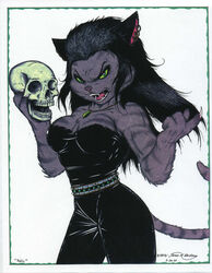 1997 absurd_res anthro beckoning black_hair bone breasts claws domestic_cat ear_piercing fangs felid feline felis female ferocious fur gesture green_eyes grey_body grey_fur hair hi_res james_m_hardiman looking_at_viewer mammal piercing skull snarling solo tail teeth