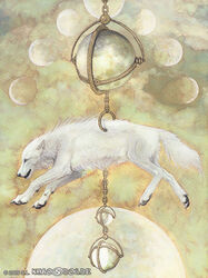 2009 ambiguous_gender canid canine canis colored_pencil_(artwork) digitigrade feral full-length_portrait jewelry khaosdog mammal moon painting_(artwork) pendant piercing portrait quadruped side_view solo tail traditional_media_(artwork) watercolor_(artwork) wolf