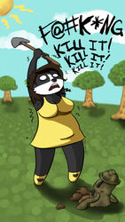 animal_crossing anthro arms_above_head badger big_breasts biped black_body black_face black_fur black_nose black_text blue_sky breasts brown_hair catherine_(datbadger) chibi clothing cloud dark_body dark_fur dark_nose dark_text datbadger day detailed_background dialogue digital_media_(artwork) dirty dress duo empty_eyes english_text european_badger featureless_feet feet female footwear fur grass grey_body gyroid hair holding_object holding_shovel holding_tool hole_(anatomy) improvised_weapon mammal meles monotone_clothing monotone_dress monotone_footwear monotone_hair multicolored_body multicolored_face multicolored_fur mustelid musteline nintendo open_mouth outside plant profanity scared shadow shovel sky slightly_chubby standing sun teeth text tools toony tree two_tone_body two_tone_face two_tone_fur undead weapon what white_body white_eyes white_face white_fur yelling yellow_clothing yellow_dress yellow_footwear yellow_outfit zombie