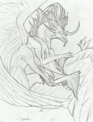 ambiguous_gender dragon fangs feathered_wings feathers female feral flying fur graphite_(artwork) hexapodal horn long_mane male monster multi_limb myfi mythological_creature mythological_scalie mythology pencil_(artwork) scalie sketch solo syndicatekatell teeth traditional_media_(artwork) wings