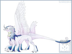 absurd_res ambiguous_gender blue_border blue_hair border dragon feathered_dragon feathered_scalie feathered_wings feathers fluffy fur hair hexapodal hi_res horn iridescent mane model_sheet monster multi_eye myfi mythological_creature mythological_scalie mythology scalie side_view simander solo tail text url white_body white_fur wings