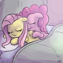 1:1 bed closed_eyes cuddling duo earth_pony equid equine feathered_wings feathers female feral fluttershy_(mlp) friendship_is_magic furniture hasbro horse mammal my_little_pony mythological_creature mythological_equine mythology on_bed pegasus pinkie_pie_(mlp) platonic pony sleeping smile speccysy under_covers wings yellow_body yellow_feathers