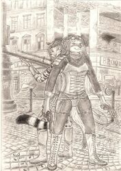 2011 alternative_fashion anthro armor duo english_text felid feline female graphite_(artwork) greyscale gun hi_res ictonychine julie_rayne lacing leopardus mahuru_pierah mammal marbled_polecat moldred monochrome mustelid musteline n2o ocelot pencil_(artwork) polecat_(mustelid) ranged_weapon sepia space_furries_(comic) standing steampunk tail text traditional_media_(artwork) weapon