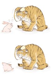 angry barnaby_brooks_jr closed_eyes clothing duo eyewear felid feral glasses hat headgear headwear hi_res kaburagi_t_kotetsu lagomorph leporid mackerel_(artist) male mammal pantherine rabbit sequence size_difference stripes tail tiger tiger_and_bunny