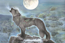 2009 ambiguous_gender canid canine canis collaboration digitigrade feral full-length_portrait high_place khaosdog leaf mammal moon outside portrait quadruped rock side_view snow solo tail tascun traditional_media_(artwork) wolf