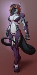 2012 anthro armor biped breasts female grin hair hi_res looking_at_viewer nikth non-mammal_breasts piranhapettingzoo purple_eyes reptile scalie short_hair simple_background smile snake solo standing tail thick_tail