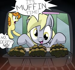 appliance carrot_top_(mlp) derp_eyes derpy_hooves dialogue digital_media_(artwork) duo earth_pony english_text equid equine feathered_wings feathers female feral food friendship_is_magic goofy_time grey_body grey_feathers hasbro horse kitchen_appliance lamiaaaa machine mammal muffin my_little_pony mythological_creature mythological_equine mythology oven parody pegasus pony text wings