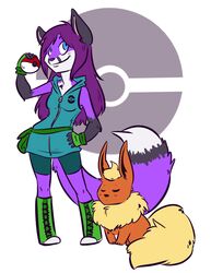 anthro blue_eyes canid canine clothed clothing dipstick_tail duo eeveelution female feral flareon fox generation_1_pokemon hair hizzie holding_object holding_pokeball mammal markings nintendo pokeball pokemon pokemon_(species) purple_hair red_fox standard_pokeball tail tail_markings true_fox