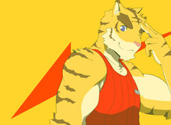 abstract_background anthro biceps blue_eyes clothing debirobu eyebrows felid gesture looking_at_viewer male mammal morenatsu muscular muscular_anthro muscular_male one_eye_closed pantherine pecs pink_nose salute shirt simple_background smile solo stripes tank_top thick_eyebrows tiger topwear torahiko_(morenatsu) wink