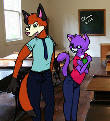 anthro blue_bottomwear blue_clothing blue_necktie blue_pants boobytrapzap book bottomwear canid canine chalkboard classroom clothing desk domestic_cat duo elena_(disambiguation) felid feline felis female fox furniture green_clothing green_shirt green_topwear holding_book holding_object information_board inside male mammal necktie pants red_clothing red_shirt red_t-shirt red_topwear school shirt student t-shirt table tail teacher teacher_and_student topwear window