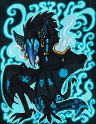 ambiguous_gender avian bat bird black_body black_fur blue_theme cool_colors creepy ear_piercing feral fire fur magic mammal membrane_(anatomy) membranous_wings monster piercing solo tail vonder vonderdevil wings