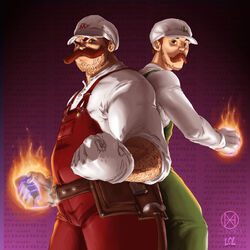 1:1 belt brother_(lore) brothers_(lore) clothed clothing duo fighting_pose fire fist fully_clothed grandfathered_content hammer hat headgear headwear human human_only italian luigi male mammal manly mario mario_bros mario_calimocho nintendo not_furry overalls plumber pose power-up raised_arm raised_fist shirt sibling_(lore) text text_on_clothing text_on_hat text_on_headwear thechamba tools topwear twins_(lore) viking-the-king