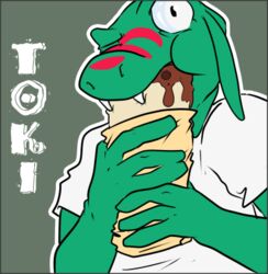 2011 anthro border burrito cel_shading clothing eating fangs food green_body grey_border humor lizard looking_at_viewer low_res male open_mouth reptile scalie shaded simple_background solo stripes teeth toki_(character) trashdogeking