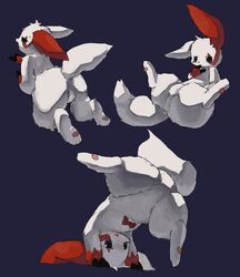 ambiguous_gender anthro ass featureless_crotch fur generation_3_pokemon lying markings nintendo pokemon pokemon_(species) purple_background red_markings simple_background solo spread_legs spreading tail upside-down wahitouppe white_body white_fur zangoose