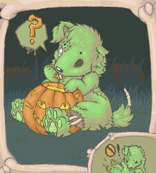 ambiguous_gender anthro bone canid canine chibi eating exclamation_point food fruit fur green_body green_fur hush-a-bye jack-o&#039;-lantern low_res mammal missing_eye plant pumpkin question_mark roadkill solo speech_bubble undead zombie